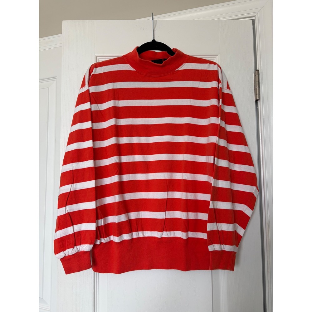 Vintage Lizsport Orange White Striped Mock Neck Cotton Top Large Long Sleeve